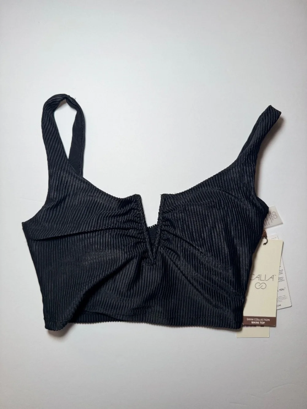 CALIA Ribbed V-Neck Bikini Swim Top XXS Black Textured NWT Removable Cups